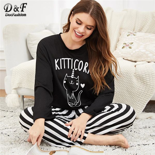 

dotfashion plus size cat print and striped pants pajamas for women 2019 casual black and white autumn long sleeve nightwear, Blue;gray