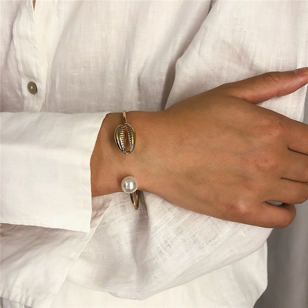 

bohemian conch shell bangles summer charm simulated pearl cowrie seashell adjustable open cuff bangles bracelets jewelry gift, Black