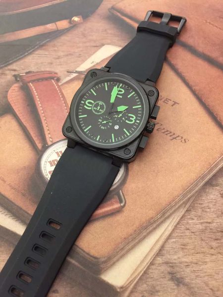 

delicate bellross aviation quartz chronograph 42mm square mens watch watches black rubber strap green hour markers outdoor man wristwatches, Slivery;brown