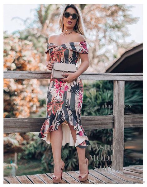 

Sexy Slash Neck Flora Print Womens Drersses Designer HiLo Falbala Summer Dress Fashion Brief Ladies Dresses