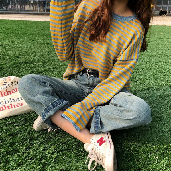 

2019 осень женский пуловер с длинным рукавом свитера harajuku женщины осень зима корея стиль casual свободный joker stripe свитер, White;black