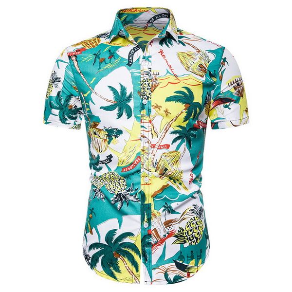 

men fashion print shirts casual button down short sleeve hawaiian shirt beach holiday slim fit party shirts, White;black