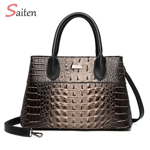 

european and american style crocodile pattern women leather retro handbags ladies large-capacity party shoulder bags sac a main