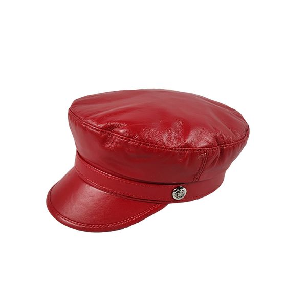 

real leather military cap sheep leather army cap sailor hats for women men flat female travel cadet captain red military hat, Blue;gray