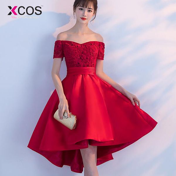 

short homecoming dress 2018 red lace and satin off the shoulder high low formal prom party gowns, White;black