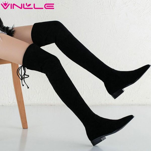 

vinlle 2019 women over the knee high boots square heel pointed toe fashion witer boots black elegant women shoes size 34-39
