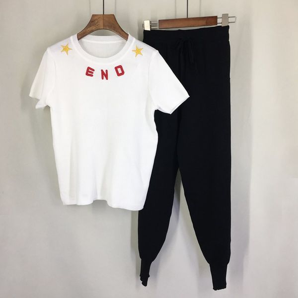 

2019 spring and summer new fashion comfortable ice silk letters casual f suit jacket + pants women clothes tracksuit two piece size s-l, White
