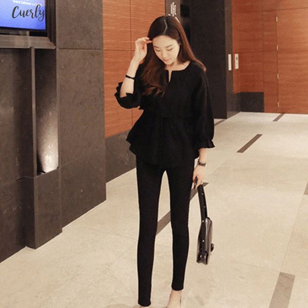 

2020 applique spring models korean version of the seven point sleeves cotton and linen round neck tie shirt female ruffled shirt, White
