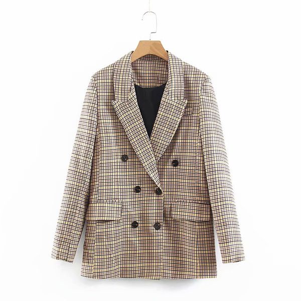 

casual suits chic women vintage office plaid jackets suit spring-autumn ladies notched collar coats feminine double breast girls, Black;brown