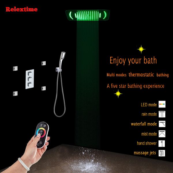 Painel de banho escondido Painel Termostático Multifuncional Misturador Faucet Bocal Luz LED Teto Chuveiro Cabeça Chuva Cachoeira Misty Massage Jets