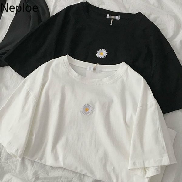 

neploe daisy embroidery t shirts women fashion o neck short sleeve female summer 2020 loose casual cotton ladies tees 1d269, White