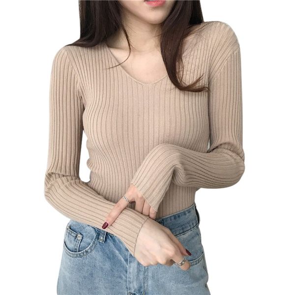 

women autumn winter sweater ladies fashion casual slim v-neck bottoming sweaters solid color wild long sleeve pullover top, White;black
