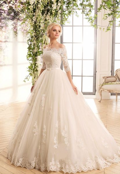 

modest bateau lace a line wedding dresses with half sleeves tulle appliques vintage wedding bridal gowns, White