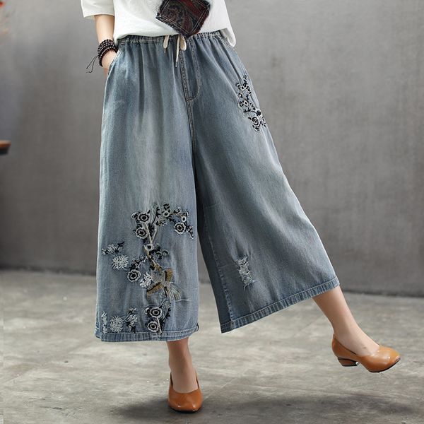 

summer wash embroidery painting flowers nine minutes pants cowboy female elastic waist wide-legged long pant girl big yards, Blue