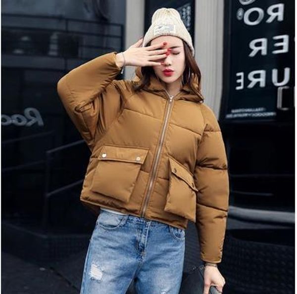 

fashion warm solid short parka women 2018 casual slim cotton padded jacket pockets short woman winter coats and jackets, Tan;black