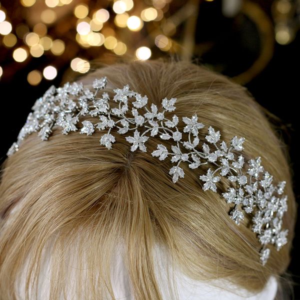 

luxury bridal crown hairband fashion bridal wreath wedding headwear with zirconia hair accessories women's soft headdress, Silver