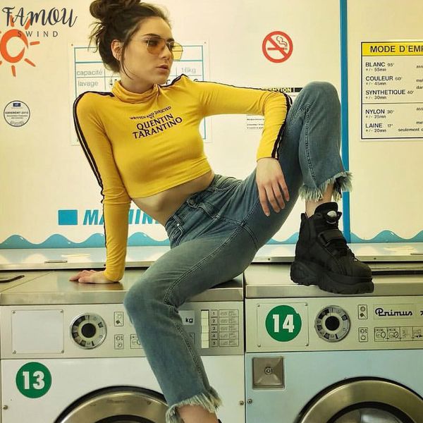 

2020 мода квентин тарантино sexy crop tops женщины боковые полосы длинный рукав, хлопок вязаные короткие tshirt lady, White