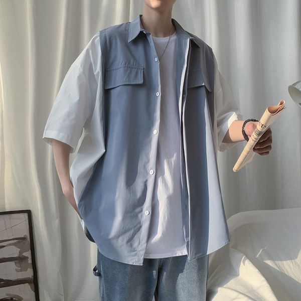 

summer short sleeve male blue shirt korean casual loose oversized shirt boys fashion streetwear patchwork button collar, White;black