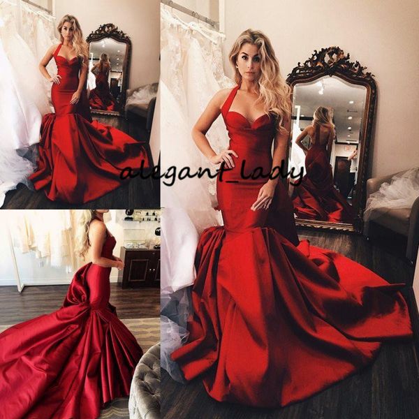 

fabulous red mermaid prom dresses halter v neck ruffled evening gowns sweep train vestidos de fiesta satin formal dress, Black