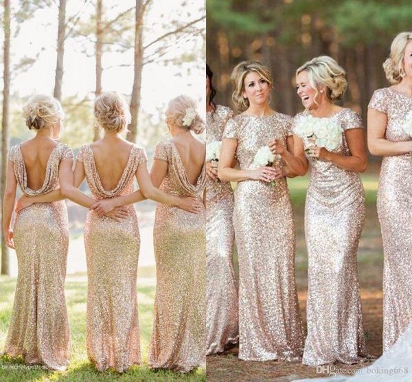 

2019 Elegant Sparkly Champagne Gold Sequins Bridesmaid Dresses Plus Size Backless Long Wedding Party Guest Gowns Short Sleeves Custom Made
