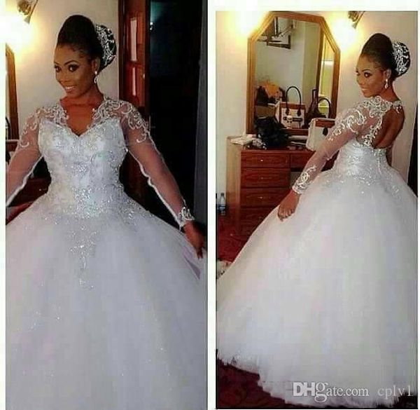 

white tulle v neck princess sheer long sleeve bling ball gown wedding dresses plus size african sweetheart bridal gowns with beads 2019 h020