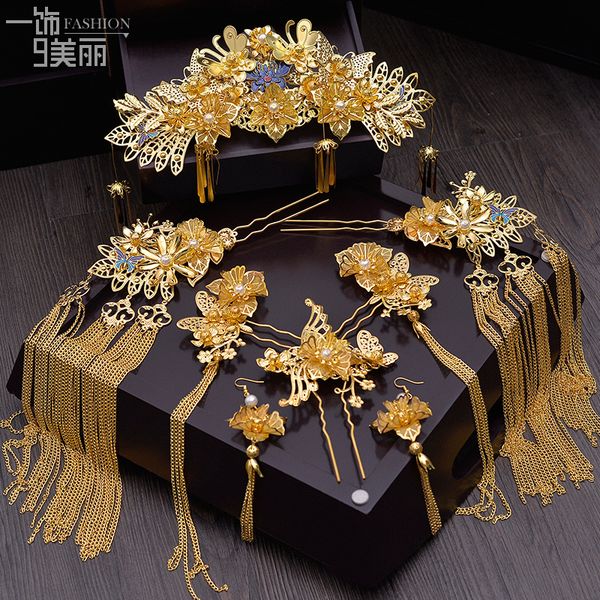 

2018 new chinese bride headdress classical phoenix hair comb crown step rocking suit wedding hair accessories wholesale j190701, Golden;white