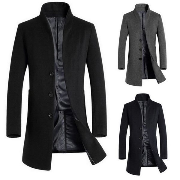 

2019 men wool thicken coat stand collar autumn winter woolen blazer outwears solid color single breasted long trench men blends, Black