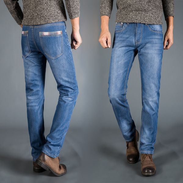 

men's jeans men winter thermal fleeced lined denim long pants casual streetwear warm trouser male pant bottoms, Blue