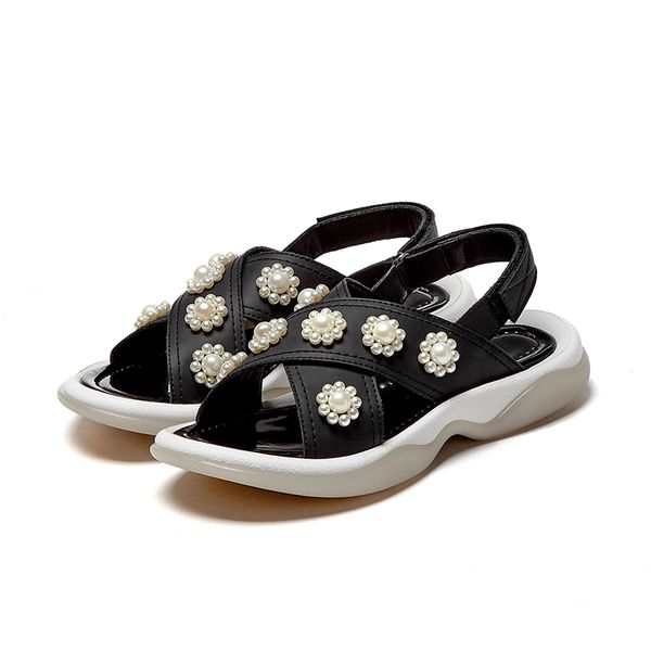 

lucyever genuine leather pearl flat sandals women summer 2020 comfort fashion beach shoes woman open toe buckle platform sandals, Black
