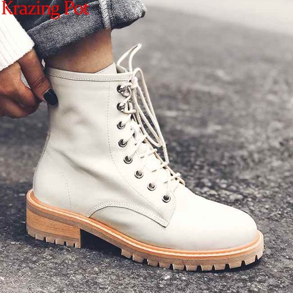 

krazing pot genuine leather med heel western boots european round toe lace up winter dailywear mid-calf boots l82, Black