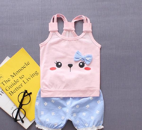 

летние наборы стиля для девочки бантом кролик жилет рубашка топы + брюки 2 шт. футболка и шорты детская одежда набор, White