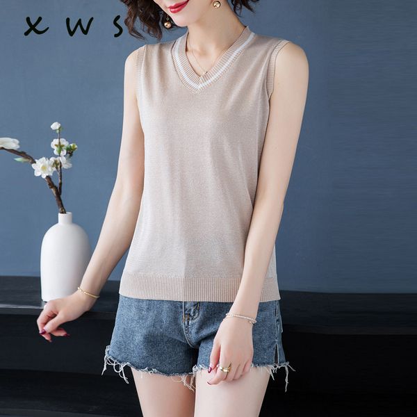 

women's vests shiny lurex casual fashion women summer sweaters 2021 v-neck sleeveless solid color loose pullover, Black;white