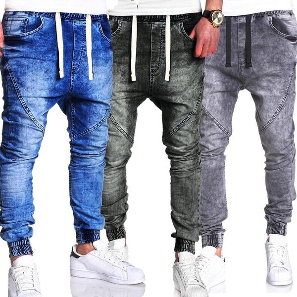 

designer harem jeans black blue elastic waist hiphop casual loose jeans washed mens