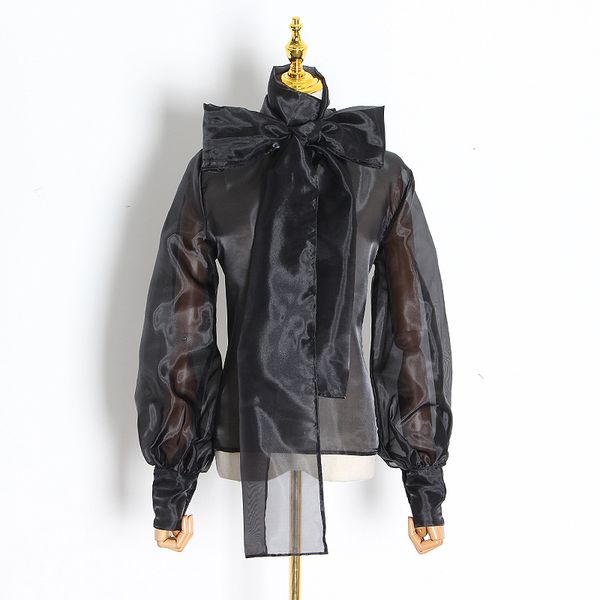 

women's wide songou organza shirt female 2020 new bow tie bubble long-sleeved t-shirt, White