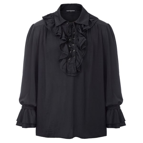 

men shirt medieval party wear vintage retro black/ivory long sleeve lapel collar ruffle decorated lace-up shirt men blouse, White;black