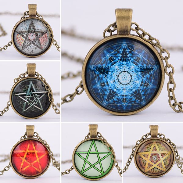 

jg 6 styles fashion vintage jewelry mysterious pentagram circle glass lockets pendant necklaces witchcraft necklace k3013, Silver