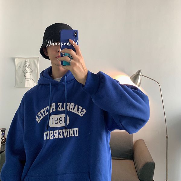 

плюс с капюшоном толстовка мужчины теплой моды письмо печать сплошного цвет вскользь с капюшоном пуловер man streetwear hip hop сыпучая толс, Black