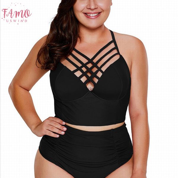 

high neck black solid plus size 4xl bikini set 2020 waisted tankini women swimwear push up bathing swim suits, White;black