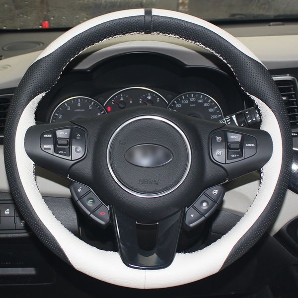 

diy hand sewing black white genuine leather black marker car steering wheel cover for kia carens 2012 2013