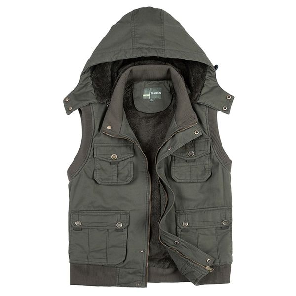

fleece hoodie men vest for winter autun multi pocket thick warm parka travel sleeveless jackets waistcoat with many pockets, Black;white