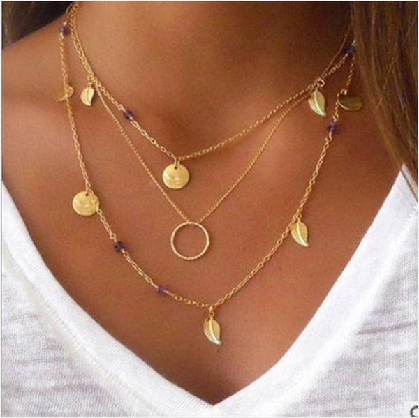 

three layers leaves feather circle disc tube pendant purple black manmade bead silver or gold plated with metal chain for women necklace