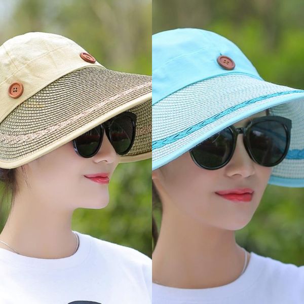 

cokk hats women wide large brim floppy summer beach sun hat straw hat button cap summer hats for women anti-uv visor cap female, Blue;gray