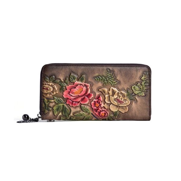 

leather long wallet embossing flower women lady phone pouch card holder wristlet purse handbag, Red;black