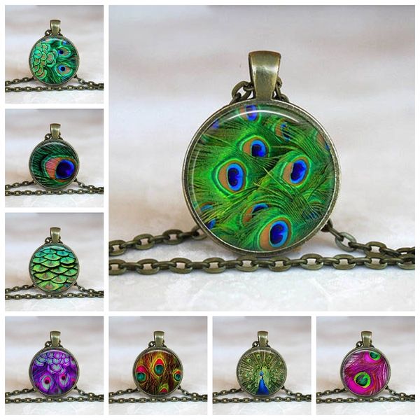 

new, beautiful peacock feather necklace, mandala, glass cabochon, pendant for men and women, jewelry, creative gift, Silver