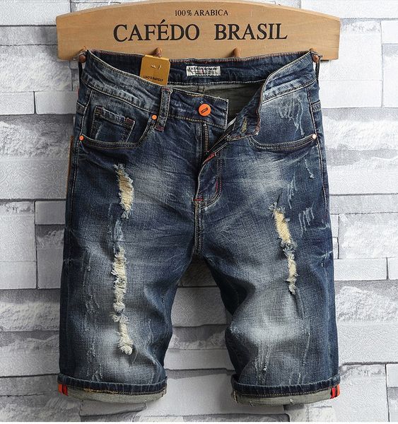 

men holes jean shorts stretch short jeans men cotton blue denim shorts summer casual short jeans size 40