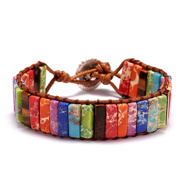 

17 colors chakra bracelet jewelry handmade multi color natural stone tube beads leather wrap bracelet couples bracelets, Golden;silver