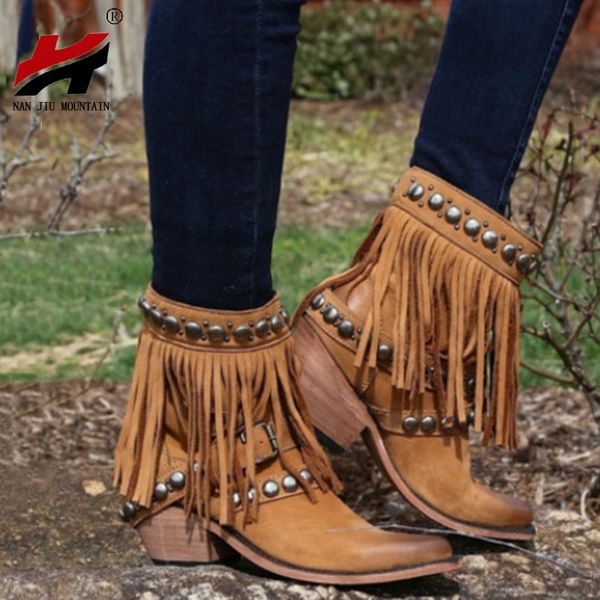 

nan jiu mountain 2020 women's boots studded tassels mid heel square heel belt buckle ankle boots black brown plus size 34-43