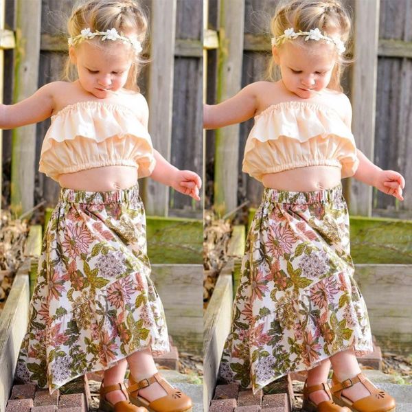 

baby girl clothes girl ruffles jumper with flower skirts kids clothing summer 2020 children fashion 2pcs outfits, White