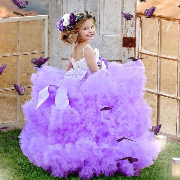 Kabarık ışık mor balo elbisesi yarışmada kristal tüy küçük çocuklar resmi giyinme çiçek kızlar elbise düğünler için