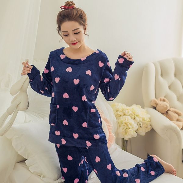 

2019 winter thick warm flannel long sleeve pajama sets for women print coral velvet sleepwear homewear pijama mujer home clothes, Black;red